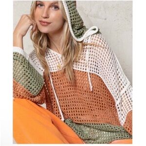 POL relaxed fit open knit hoodie color block layering top sweater, Large